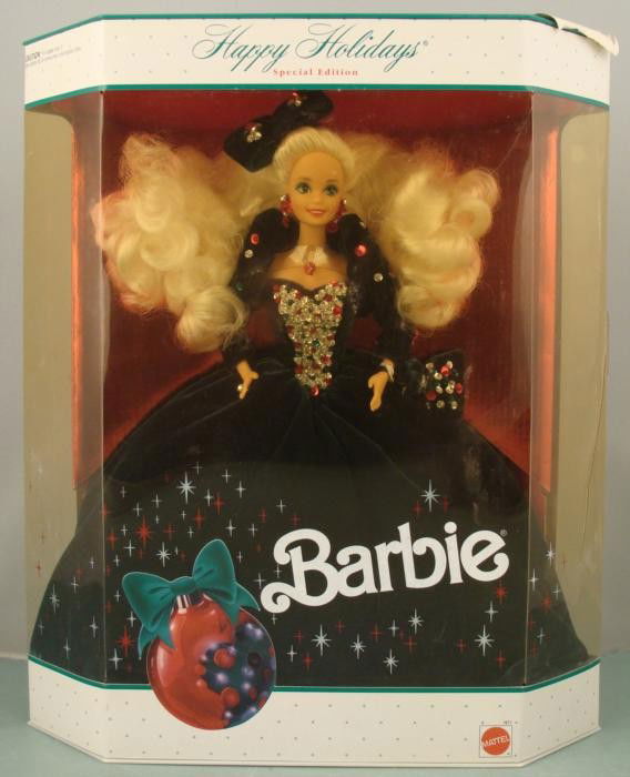 Happy Holidays Barbie 1991 Special Edition MIB NRFB: This is the Happy Holidays Special Edition Barbie doll from 1991. She is wearing a deep fir tree green velvet dress, with sequins, and bow. This Barbie is in Mint condition, having never been removed