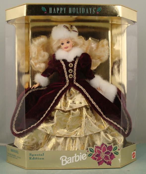 Happy Holidays Barbie 1996 Special Edition MIB NRFB: This is the Happy Holidays Special Edition Barbie doll from 1996. She is wearing a royal purple velvet dress with gold pattern. This Barbie is in Mint condition, having never been removed from the box