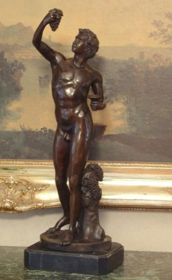 Magnificent Bronze Sculpture Bacchus: Bacchus Bronze Sculpture, 22"H x 7 1/2"W x 6 1/4"D 25 lbs. This bronze sculpture was produced using the "Lost Wax" casting method. The"Lost Wax" Cast method is the most precise metal casting technique