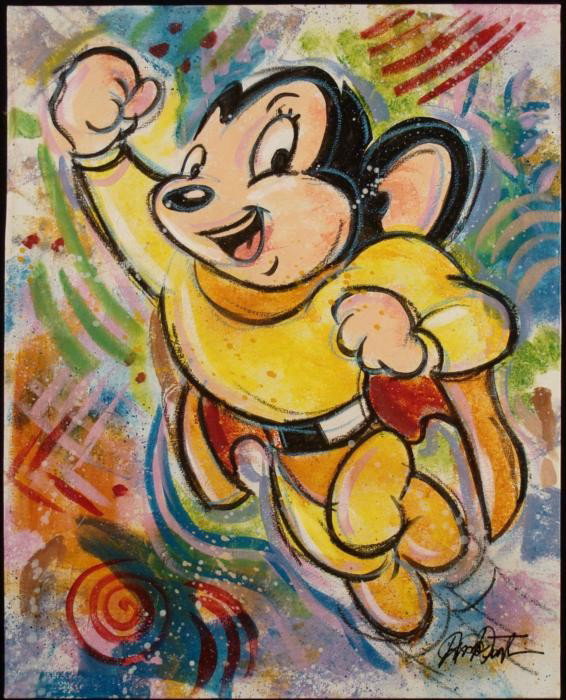 Duerrstein Original Cartoon Painting Mighty Mouse: Here he comes to save the day it's Mighty Mouse! This exciting original painting has splashes and lines of color, reminiscent of Ronnie Cutrone's work. Title: "Here I come to save the day" Medium: Acr