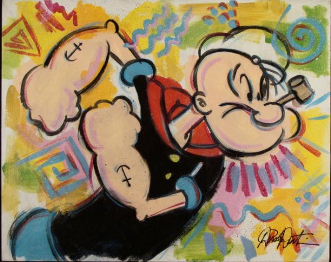 Duerrstein Original Cartoon Painting Popeye the Sailor: Here's Popeye the Sailor man, ready to take action! This vibrant original painting has splashes of bright colors, and comic book inspired lines, done in a style reminiscent of Ronnie Cutrone's work. T