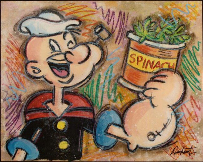 Duerrstein Original Painting Popeye Yam What I Yam: Here's Popeye ready to enjoy his favorite food--spinach! This original painting captures the iconic sailor in a Pop Art style, with splashes of bright colors, and comic book inspired lines reminiscent