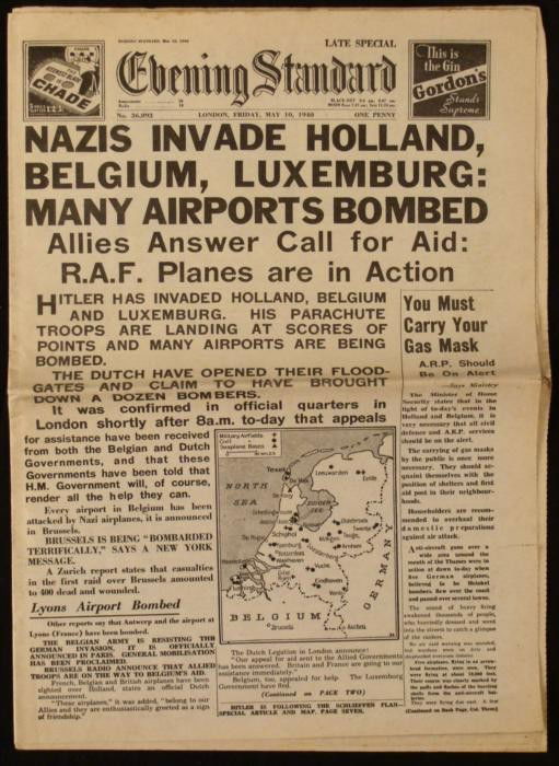 Nazis Invade Holland, Belgium UK Newspaper WWII 1940: This is an original May 10th, 1940 issue of Evening Standard newspaper from Great Britain. The Nazis made the headlines here, as they invade three adjacent countries. This paper has accounts of war an