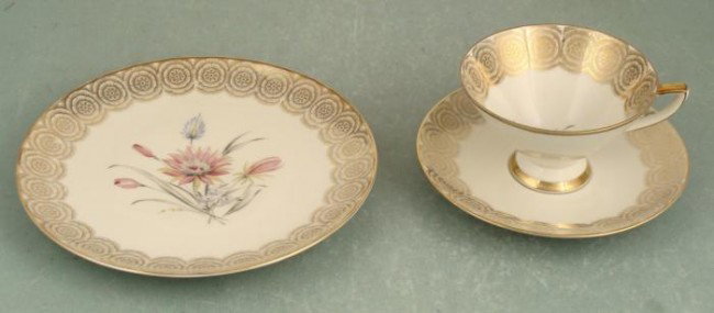 3 Pc Bavarian Gold Mid Century Modern Teacup, Plate: This 3 piece Bavarian tea grouping has Far Eastern inspired ornamentation in gold, with stylish pink and purple flower designs. These are in very good condition, with no chips or cracks, and only some