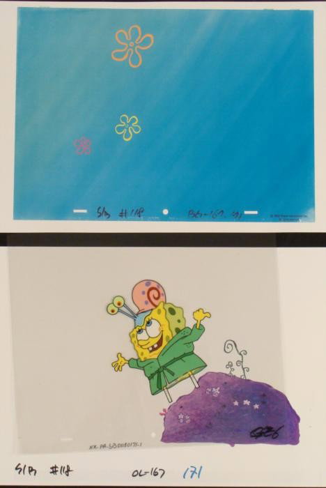 Spongebob Cel Original Production Repro Backgrounds: Offered here are two reproduction backgrounds (over and underlay) and an original animation cel from the Nickelodeon TV show SpongeBob Squarepants. The story t