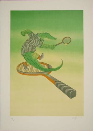 Fabulous Funny ALLIGATOR TENNIS Signed LE Art Print: Perfect for the tennis player! Title: "Tennis"Noted "Castillon 'Tennis' Pulled for the Lacoste Company" in pencil on the verso Lithography on Arches like paper Signed "Griffouliere" in pencil LR Numb