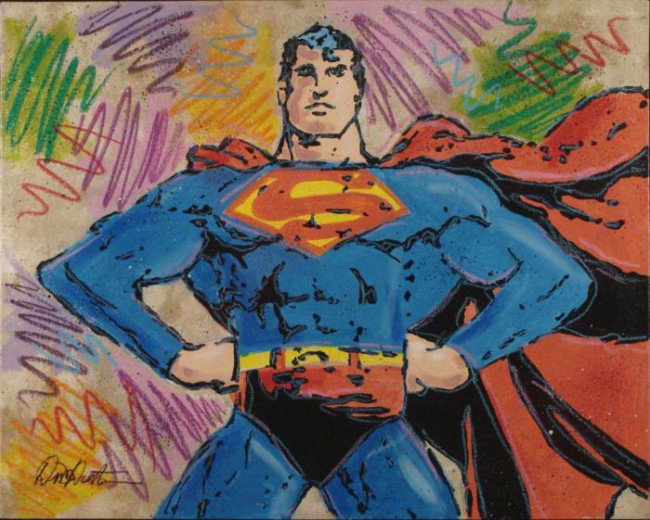Duerrstein Original Comic Book Painting Superman: It's Superman, all done up in Pop Art style by artist Dick Duerrstein. This original painting has splashes and lines of color, reminiscent of Ronnie Cutrone's work. Medium: Acrylic paint on stretched 