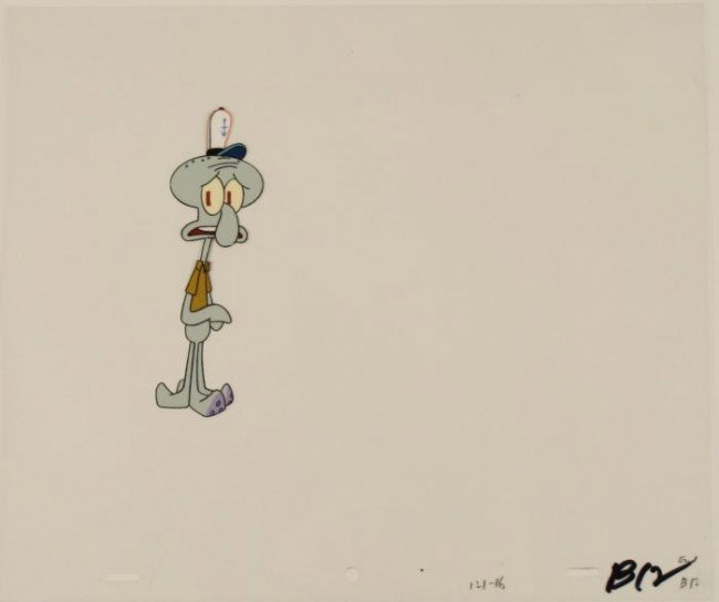 Nervous Squidward Original Animation SpongeBob Cel Art: This original animation cel is from the Nickelodeon TV show SpongeBob Squarepants. The story takes place under the deep blue sea in Bikini Bottom, where SpongeBob resides. Sp
