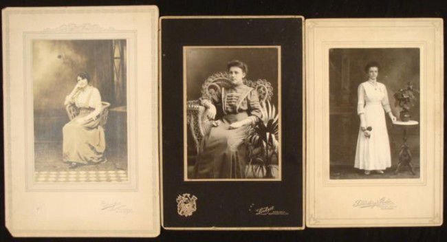 3 Antique Turn of Century Portrait Photographs: Women: These photographs are portraits of women from the turn of the century. The three are on cards, up to 6 x 10 inches. Two are from New York, with nicely embossed cards. One is from Lenhart studio in Nor