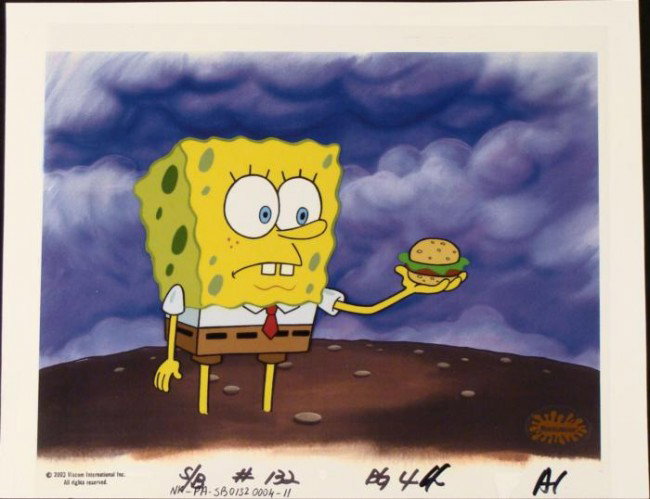 Background Spongebob Animation What to Do Original Cel: This animation cel and reproduction background are from the Nickelodeon TV show SpongeBob Squarepants. The story takes place under the deep blue sea in Bikini Bottom, where Sponge