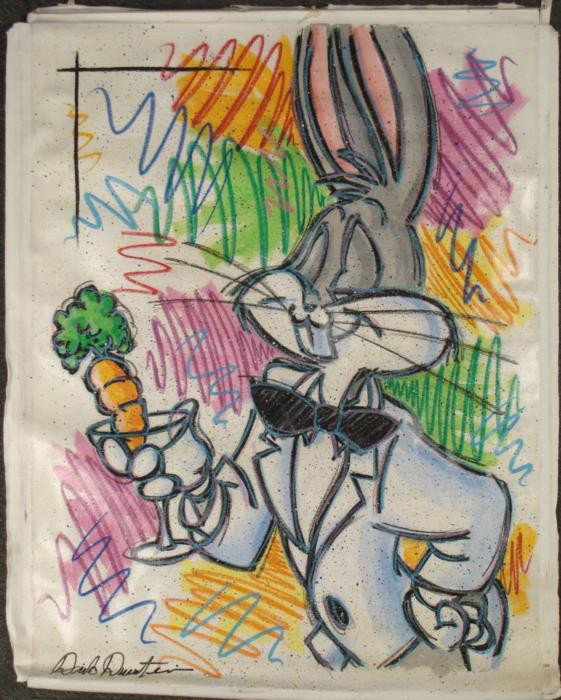 Duerrstein Original Pop Art Painting Bugs Bunny: Here's Bugs Bunny, all done up in Pop Art style by artist Dick Duerrstein. This original painting has splashes and lines of color, similar to Ronnie Cutrone's work. Medium: Acrylic paint on canvas (un