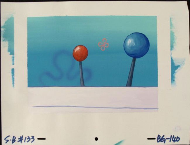 Art Production Background Levers Original SpongeBob: This original hand-painted background from the Nickelodeon TV show SpongeBob Squarepants. The story takes place under the deep blue sea in Bikini Bottom, where SpongeBob resi