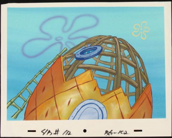 Contruction SpongeBob Original Animation Art Background: This original hand-painted background from the Nickelodeon TV show SpongeBob Squarepants. The story takes place under the deep blue sea in Bikini Bottom, where SpongeBob resi