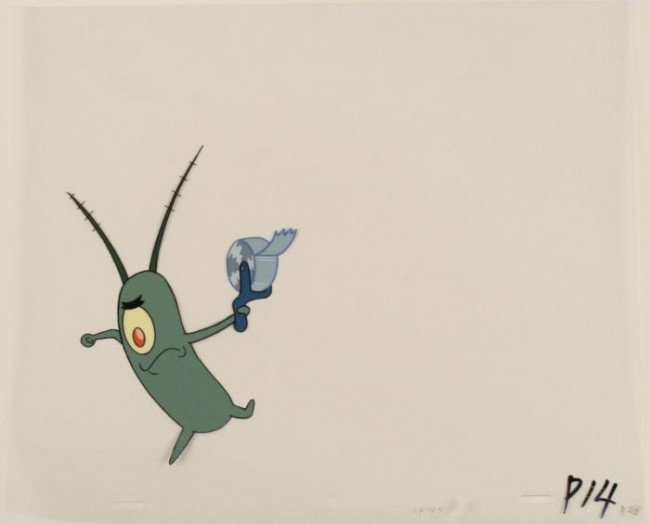 Original Animation Cel SpongeBob Running With Tape Art: This original animation cel is from the Nickelodeon TV show SpongeBob Squarepants. The story takes place under the deep blue sea in Bikini Bottom, where SpongeBob resides. Sp