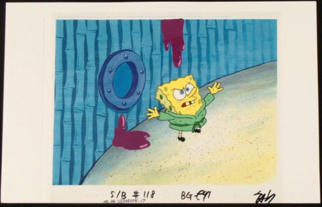 Original SpongeBob Animation Cel Background Arms Out: This animation cel and reproduction background are from the Nickelodeon TV show SpongeBob Squarepants. The story takes place under the deep blue sea in Bikini Bottom, where Sponge