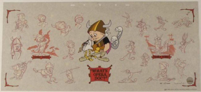 Elmer Fudd and Bugs Bunny Sericel Art w/ Background: Warner Bros Elmer Fudd and Bugs Bunny Sericel Art w/ Background This is a serigraph cel proof originally designed for a Lumicel Title: "What's Opera Doc?" Right side writing: Prima Donna Left side wri