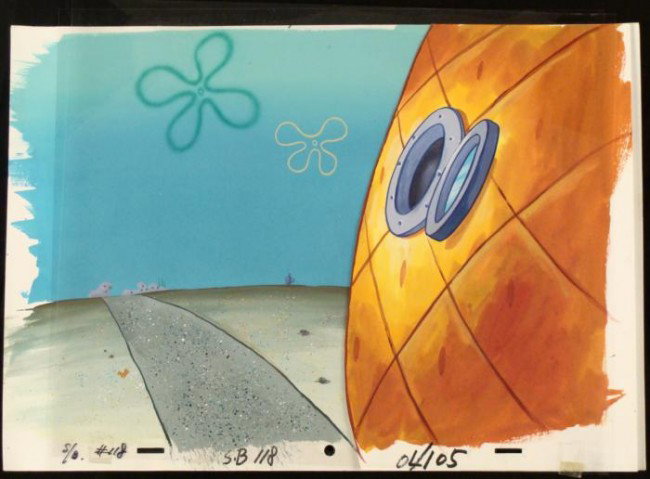 Background Animation Cel SpongeBob Original Art Home: This original hand-painted background and animation cel are from the Nickelodeon TV show SpongeBob Squarepants. The story takes place under the deep blue sea in Bikini B
