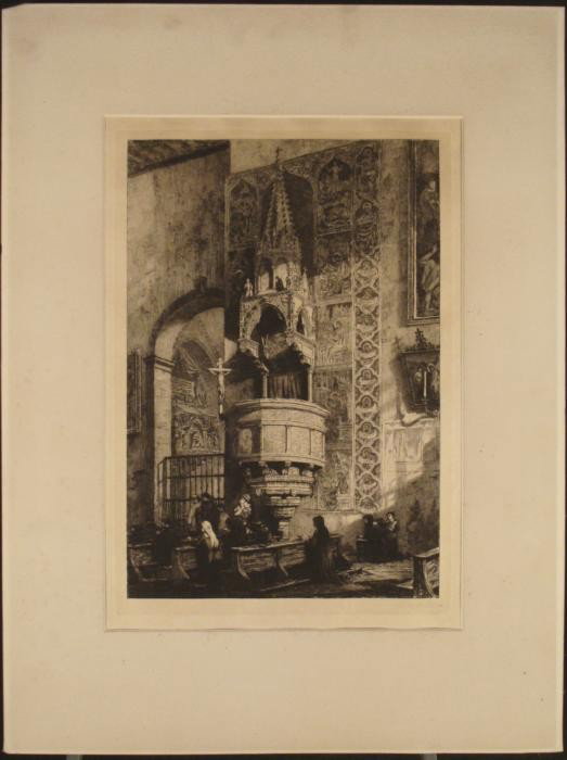 Axel Hermann Haig Signed Original Etching Praying: This original etching shows attendees in a n old church, some praying and genuflecting. The details portray the impressive nature of the tall ceiling and ornate imagery of the cathedral. Artist: Axel 