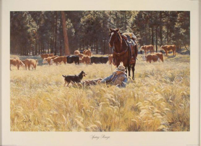 Tim Cox Signed Cowboy Art Print Spring Range: This art print shows a cowboy relaxing in a sunny field with his two moth faithful companions: his dog and his horse. Artist: Tim Cox Title: "Spring Range" Edition: Numbered 930/1000 Publisher: Texas