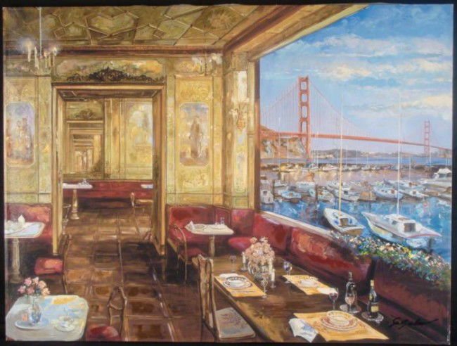Vadik Suljakov Signed Print San Francisco Golden Time: This is a limited edition serigraph on canvas by Vadik Suljakov. This scene shows an elegant restaurant, in golden hue, with the Golden Gate bridge beyond the harbor. The perspective allows the viewer