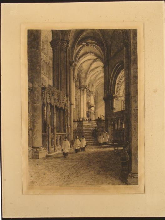 Axel Hermann Haig Signed Original Etching Cathedral: This original etching shows young boys of the choir walking into a cathedral. The structure of the building stretching overhead is portrayed with wonderful realistic details. Artist: Axel Hermann Haig