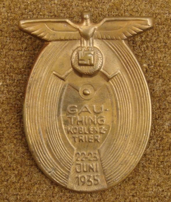 MEDAL FOR GAU THING-KOBLENZ-TRIER RALLY 22/23 JUN 1935: RARE 1935 LARGE MEDAL FOR GAU THING-KOBLENZ-TRIER RALLY 22/23 JUNI 1935 HEAVY WELL-MADE EARLY MEDAL - ART DECO WITH EAGLE & SWASTIKA ON TOP-PIN BACK