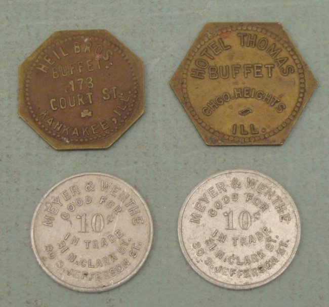 4 Old IL Restaurant Hotel, Store Tokens Meyer & Wenthe: 4 Old Tokens from the early 20th century Heil Bros Buffet, Kankakee, Illinois Hotel Thomas Buffet, Chicago Height, Illinois Meyer & Wenthe Supplies, Chicago (x2)