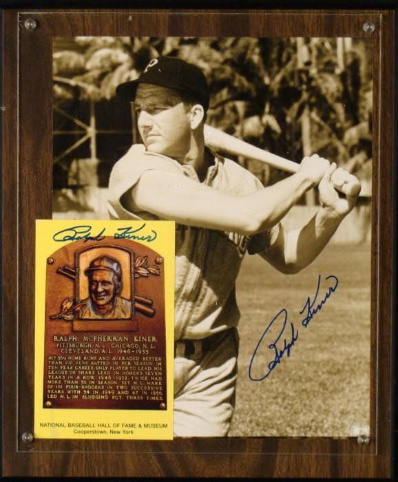 Ralph Kiner Signed Photo, Card in Plaque HOF: This plaque features two items individually signed by Hall of Famer and current baseball announcer Ralph Kiner. There is an 8 x 10 photo of Kiner during his Pirates years. There is also a card from th