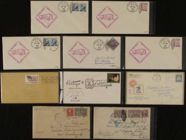 10 Highway Post Office Special Delivery Postique Stamps: These are 10 U.S. postal service related stamps and covers, with post marks dating from the 1920's to the 1970's. They are in very good to excellent condition in individual sleeves. Included are: 3 Te