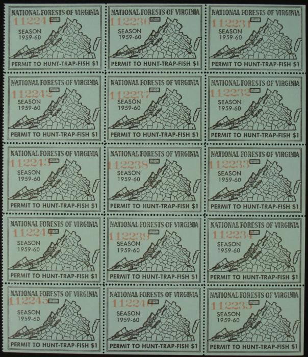 15 Virginia Hunting Trap Fishing Stamps Full Sheet 1959: Here is a full sheet of 15 Virginia National Forest Hunting Trapping and Fishing Stamps from the 1959-60 season. They are in mint condition. They are green with black printing and red numbering. These