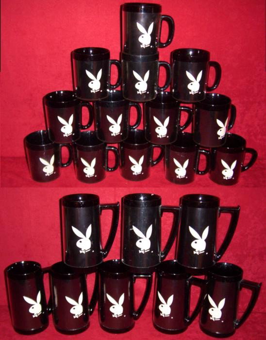 21 Playboy Club Vintage Barware Thermo Mugs 2 Sizes: These 21 original Playboy club Thermo-Serv mugs are black insulated plastic, with white Playboy bunny logos. There are two sizes: 13 of the 4" size and 8 of the 6 1/2". They have light surface scuffs,