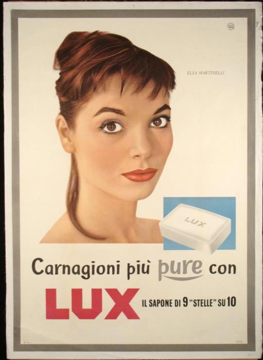 Lux Soap Old Original Italian Poster Elsa Martinelli: Italian starlet Elsa Martinelli is advertising Lux soap in this original Italian poster. According to the slogan, 9 stars out of 10 preferred Lux soap. Miss Martinelli is apparently one of them, and s