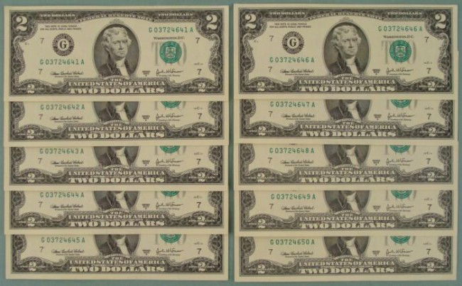 (10) Consec# 2003A $2 Notes Two Dollar Chicago Bills CU: (10) 2003-A $2 NotesMint mark: G (Chicago) Grade: Crisp Uncirculated The dollars you see pictured are different from the ones you will receive