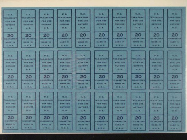 30 Cigarette Tax Revenue Stamps from Tobacco Company: This uncut sheet of 30 U.S. tax exempt Cigarette stamps was discarded by a tobacco company in Richmond Virginia when the plant closed and manufacturing was moved to North Carolina. These are in mint c