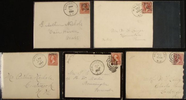 5 Washington Red 2c Stamps Covers 1890s-1901: This is a lot of 5 early red George Washington 2 Cent stamps, all on envelopes postmark dated from the 1890's to 1901. Postmarks include those from New York, Contoocook New Hampshire, Hardwick, Asbury