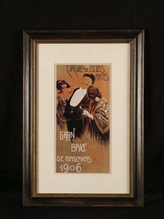 Print of Antique Spanish Poster Circulo de Bellas Artes: This print is from an antique advertisement for an event at Circulo de Bellas Artes, the Spanish arts and cultural center in Madrid. The image shows a lively mascarade ball. Medium: Lithograph on pape