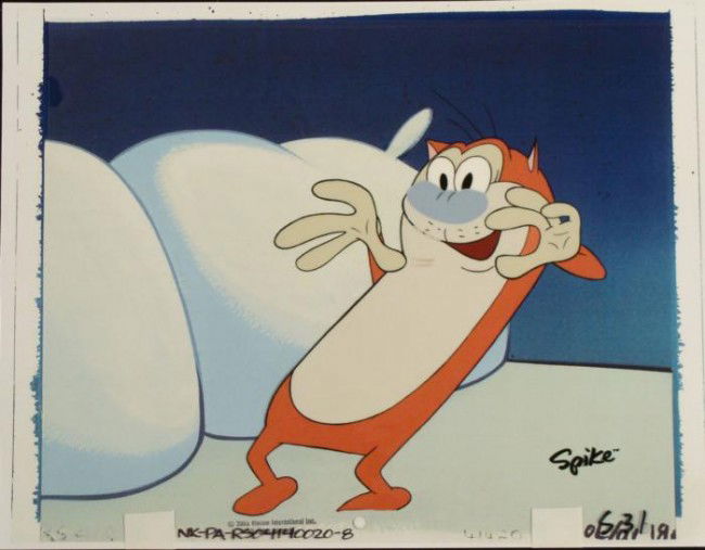 Background Animation Original Oh Joy Ren and Stimpy Cel: This original production art cel and reproduction background is from the Nickelodeon TV show Ren & Stimpy. The show follows two characters - Ren, a crazy Chihuahua - and - Stimpy, a