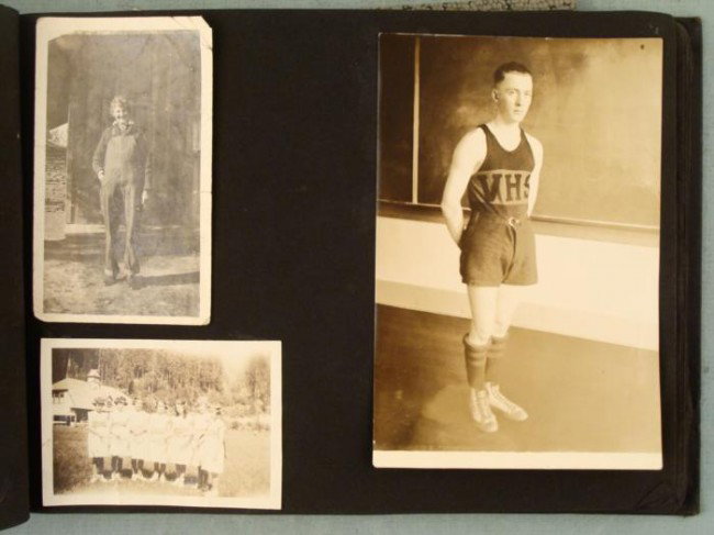Antique Family Photo Album 1920s-30s 90+ Children Cars: This is a family photo album containing over 90 photographs, many of children, and some with cars and scooters appearing. The last page have some death notices clipped from newspapers, which are dated