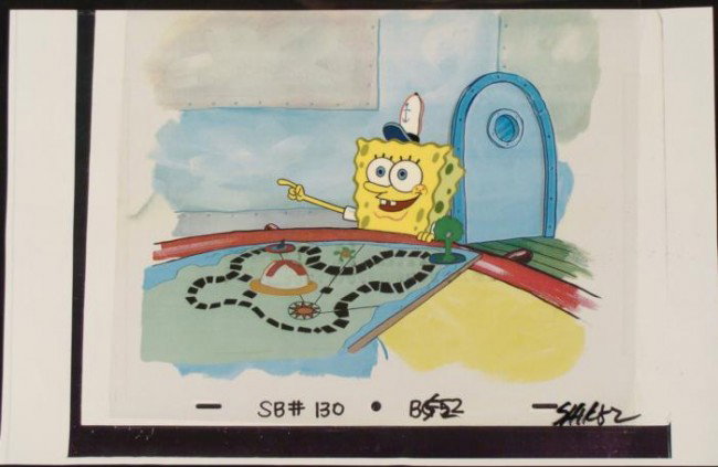 SpongeBob Pointing Cel Production Background Original: This animation cel and reproduction background are from the Nickelodeon TV show SpongeBob Squarepants. The story takes place under the deep blue sea in Bikini Bottom, wh