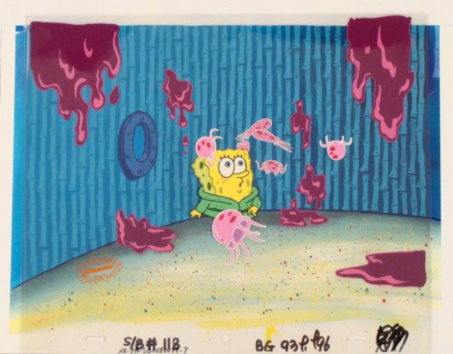 Jellyfish Cel Original Background Spongebob Animation: This original animation cel and reproduction background are from the Nickelodeon TV show SpongeBob Squarepants. The story takes place under the deep blue sea in Bikini&n