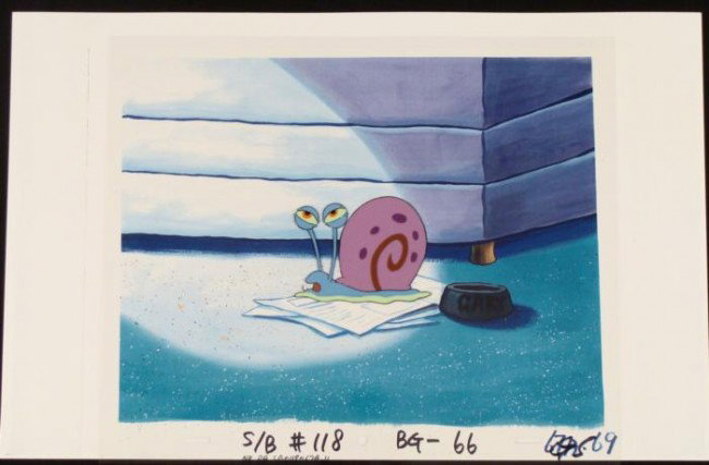Gary Original SpongeBob Animation Background Squint Cel: This reproduction background and animation cel is from the Nickelodeon TV show SpongeBob Squarepants. The story takes place under the deep blue sea in Bikini Bottom, where Sp