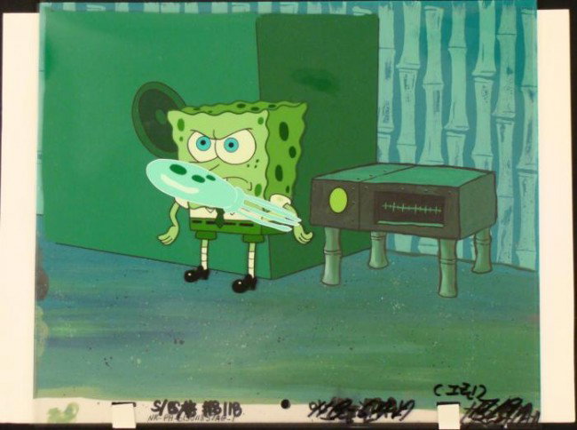 Background Original Cel All Green Spongebob Animation: This original hand-painted background and animation cel is from the Nickelodeon TV show SpongeBob Squarepants. The story takes place under the deep blue sea in Bikini Bo
