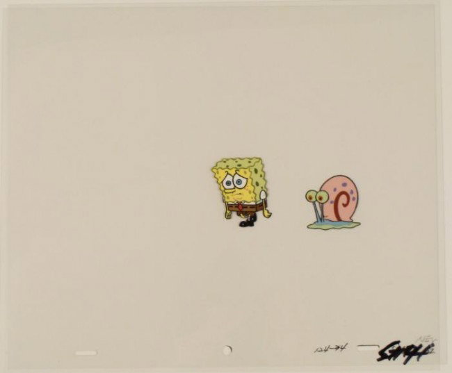 SpongeBob Walking With Original Cel Production Gary Art: This original animation cel is from the Nickelodeon TV show SpongeBob Squarepants. The story takes place under the deep blue sea in Bikini Bottom, where SpongeBob resides. Sp