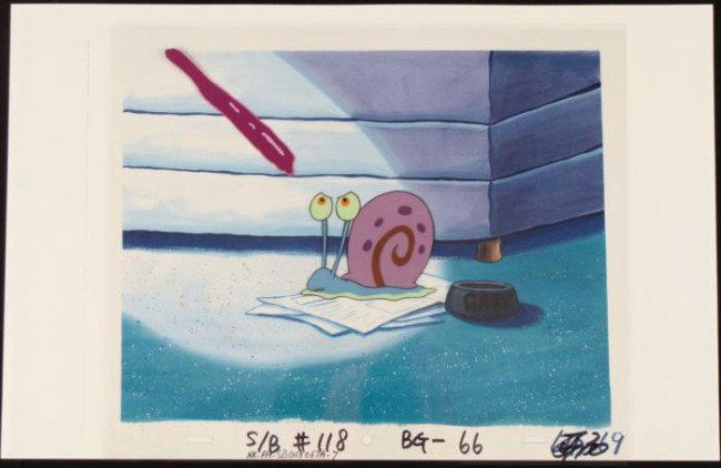 Fight Gary Original SpongeBob Cel Animation Background: This reproduction background and animation cel is from the Nickelodeon TV show SpongeBob Squarepants. The story takes place under the deep blue sea in Bikini Bottom, where Sp
