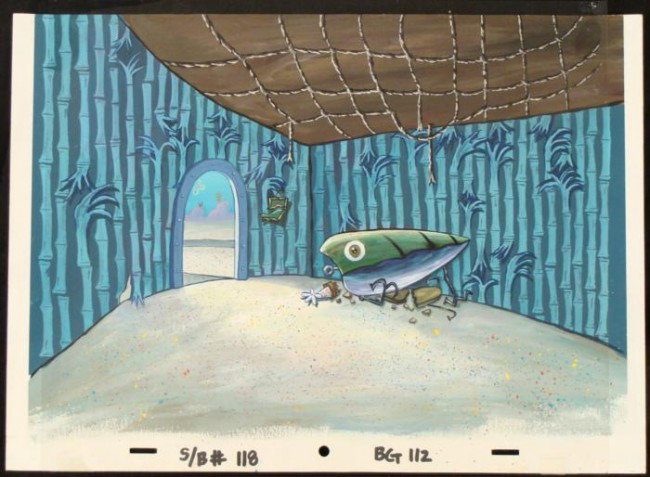 Animation Background Falling Apart SpongeBob Original: This original hand-painted background from the Nickelodeon TV show SpongeBob Squarepants. The story takes place under the deep blue sea in Bikini Bottom, where SpongeBob resi