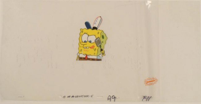 Krabby Patties Original Animation Art SpongeBob Cel: This extra large original animation cel is from the Nickelodeon TV show SpongeBob Squarepants. The story takes place under the deep blue sea in Bikini Bottom, where SpongeBob