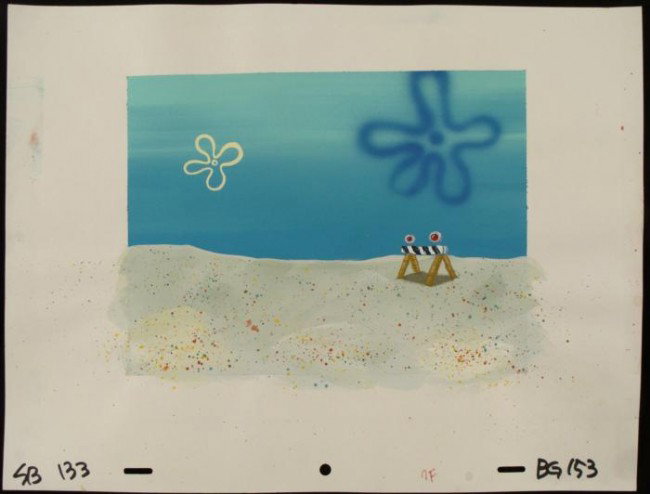 SpongeBob Original Background Production Art Beach: This original hand-painted background from the Nickelodeon TV show SpongeBob Squarepants. The story takes place under the deep blue sea in Bikini Bottom, where SpongeBob resi
