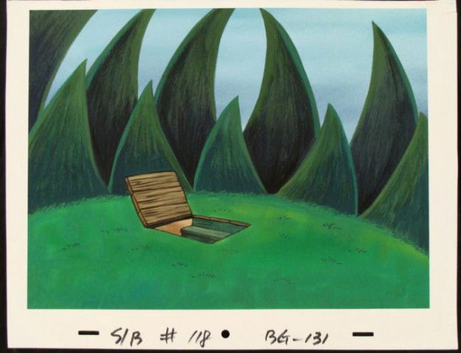 SpongeBob Roof House Production Art Original Background: This original hand-painted background from the Nickelodeon TV show SpongeBob Squarepants. The story takes place under the deep blue sea in Bikini Bottom, where SpongeBob resi