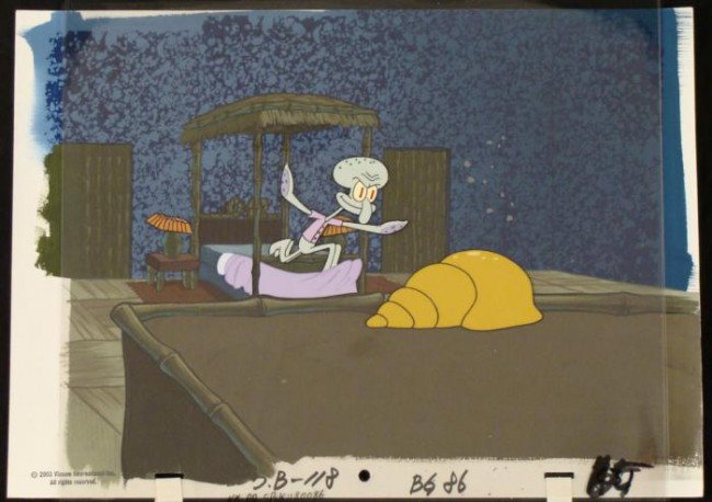 Run Out SpongeBob Production Original Background Cel: This original hand-painted background and animation cel are from the Nickelodeon TV show SpongeBob Squarepants. The story takes place under the deep blue sea in Bikini B