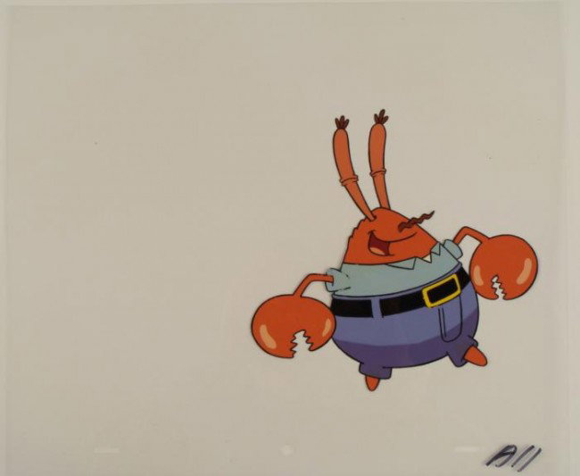 Spongebob Animation Art Evil Laugh Original Cel Mr Krab: This original animation cel is from the Nickelodeon TV show SpongeBob Squarepants. The story takes place under the deep blue sea in Bikini Bottom, where SpongeBob resides. Sp